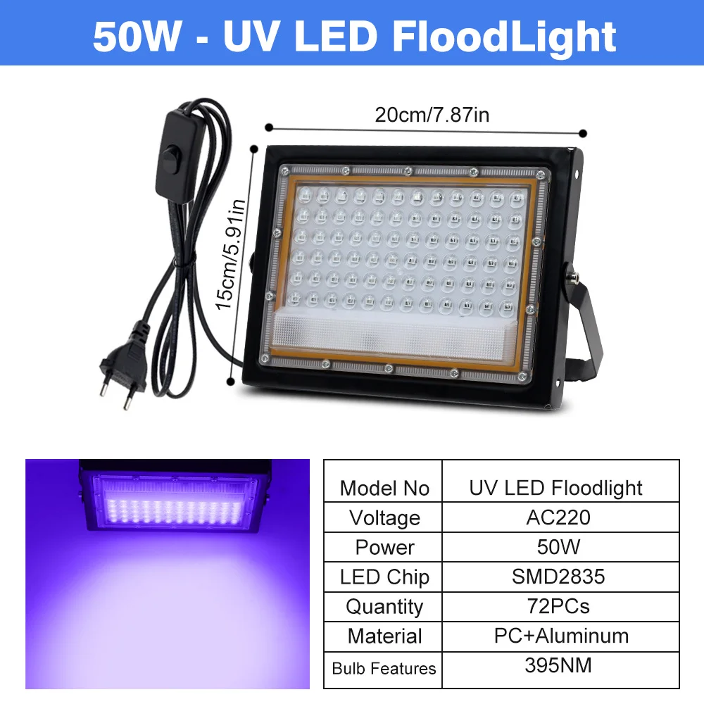 395nm LED UV 투광등 50W 100W 무대 블랙라이트 AC220V EU 플러그 포함 야외 방수 UV 형광 파티 무대 백라이트