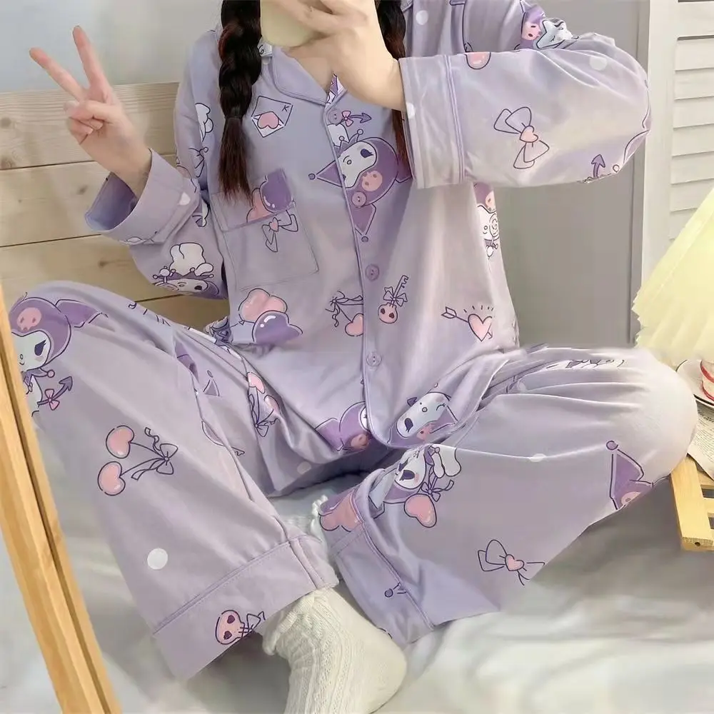 Sanrio Cinnamoroll Pajamas Set Kuromi Melody for Woman Cotton Long Sleeve Sleepwear Suit Casual Sexy Home Wear Cloth Girl Gifts sanrio kuromi pajamas set cinnamoroll my melody women spring autumn long sleeve cotton sleepwear loose sexy home clothes y2k