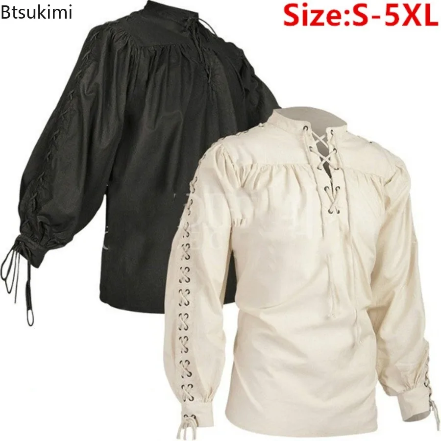 

Men Medieval Shirts Drawstring Viking Vintage Sleeve Tunic Cosplay Tops Knight Costume Ruffle Pirate Gothic Neckline Male Shirts