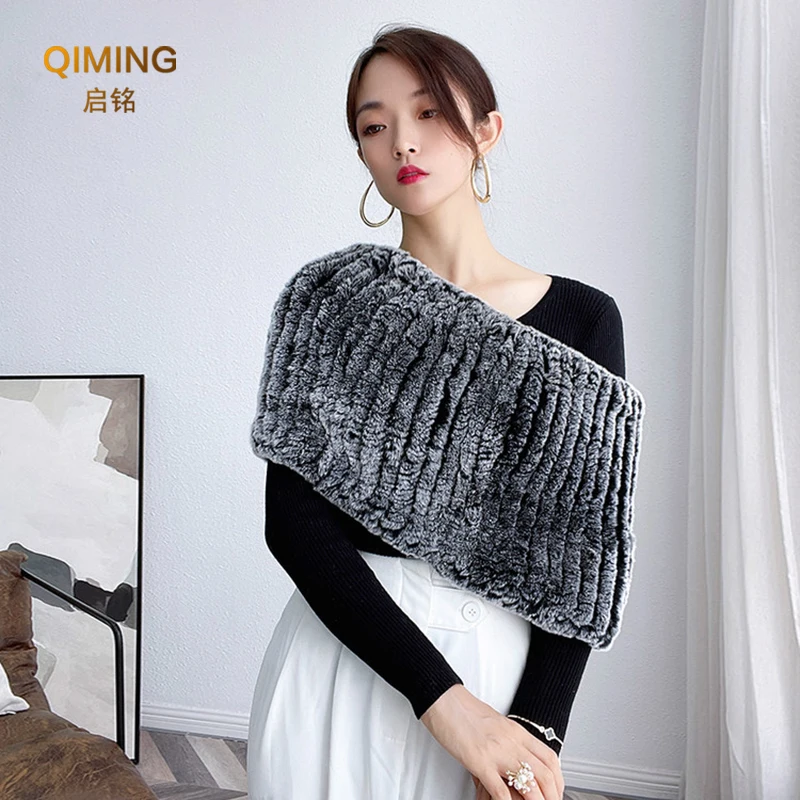 Fur Shawl Cape Real Rex Rabbit Fur Scarf Winter Warm Party Elastic Knitted Pullover Wrap Shoulder Neck Scarf Womens Scarves