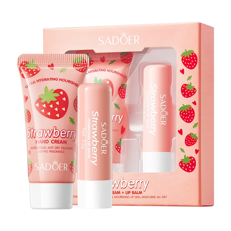 Strawberry Nourishing Hand Cream Lip Balm Skin Care Sets Moisturizing Plump lips Fruit lipstick lip plumper Lips Hands Skin Care