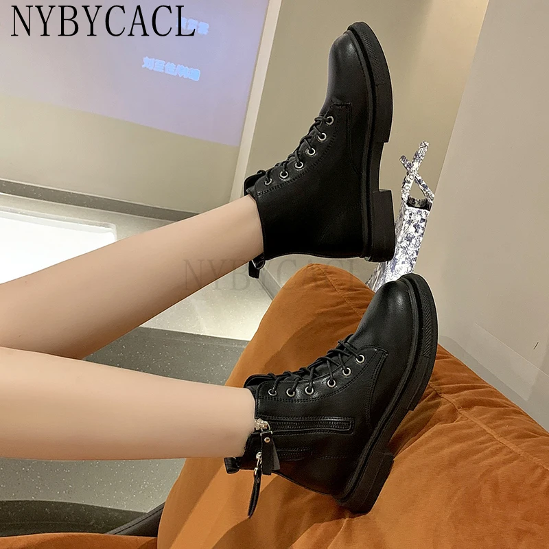2022 New Zipper Chunky Platform Women Shoes Solid Black Beige Zip Boots Womens Round Toe High Heel Ankle Boots for Women Botas
