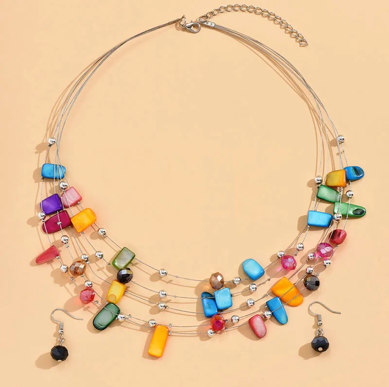 Jewelry Sets Kymyad Crystal Necklace Earrings For Women Colorful Shell Jewelry Sets Multilayer Choker Necklace Women Jewelry Set Accessory