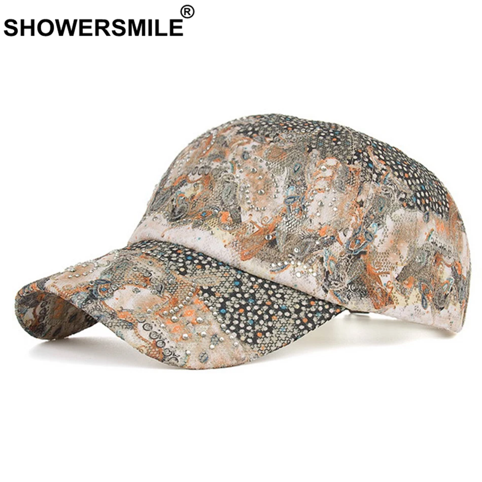 

SHOWERSMILE Женская Бейсболка со стразами и цветочным рисунком, Снэпбэк кепки для девушек, кепки цвета хаки в богемном стиле стразы, летняя Осенн...