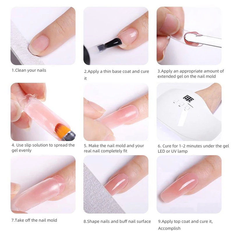 Poly Nail Gel Kit with 6W LED Lamp, All-In-One Set for Manicure, Semi-Permanent Extension Gel and Acrylic French Nails with Tool 6