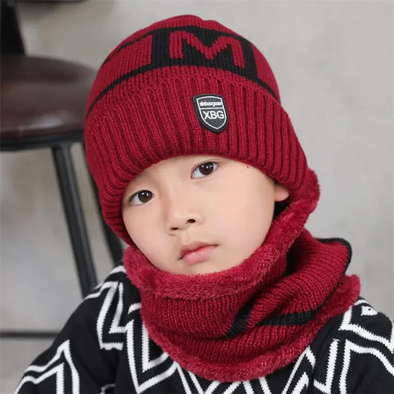 Child Winter Knitted Hat Scarf Boy Girls Outdoor Warm Plush Beanies Hat 2 Piece Sets Kids New Letter Cap And Stripe Scarves