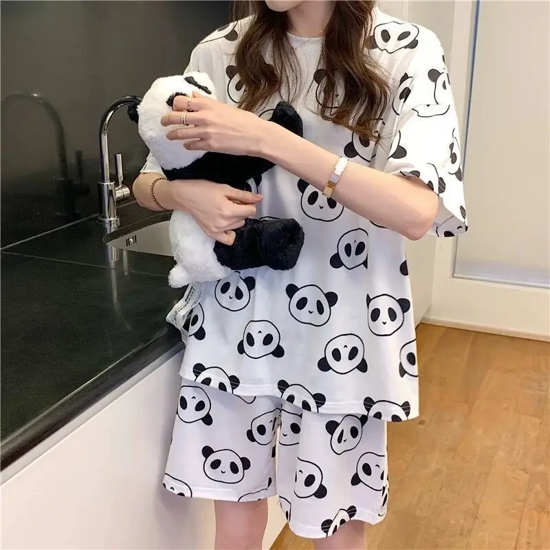 Women Pajamas Set Women Pajama Suit Women's Pajamas Set Panda Cartoon Printed Short Sleeve T Shirt + Shorts 2 Pieces Woman Soft Casual Sleepwear Homewear Pijimas