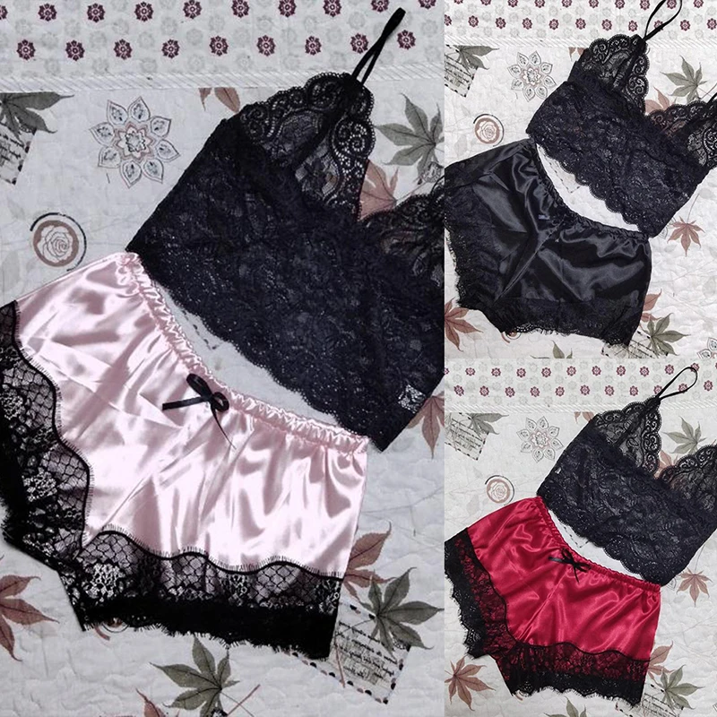 2PCS Womens Lace Sleepwear Lingerie Tops Shorts Set Babydoll Pajamas Nightwear women pajamas set,women pajama suit