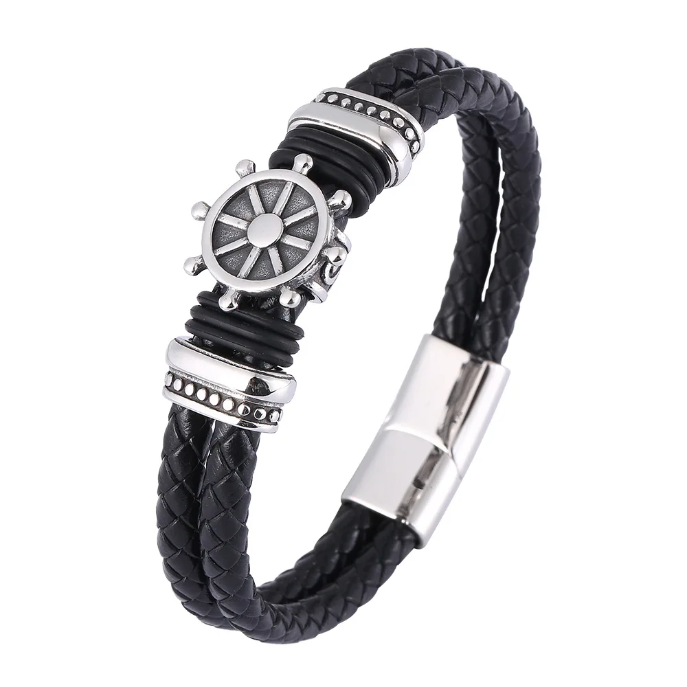 

Titanium Steel Rudder Leather Braided Bracelet Sailor Rope Pirate Stainless Steel Cuff Bracelet Men's Bracelet Bangle