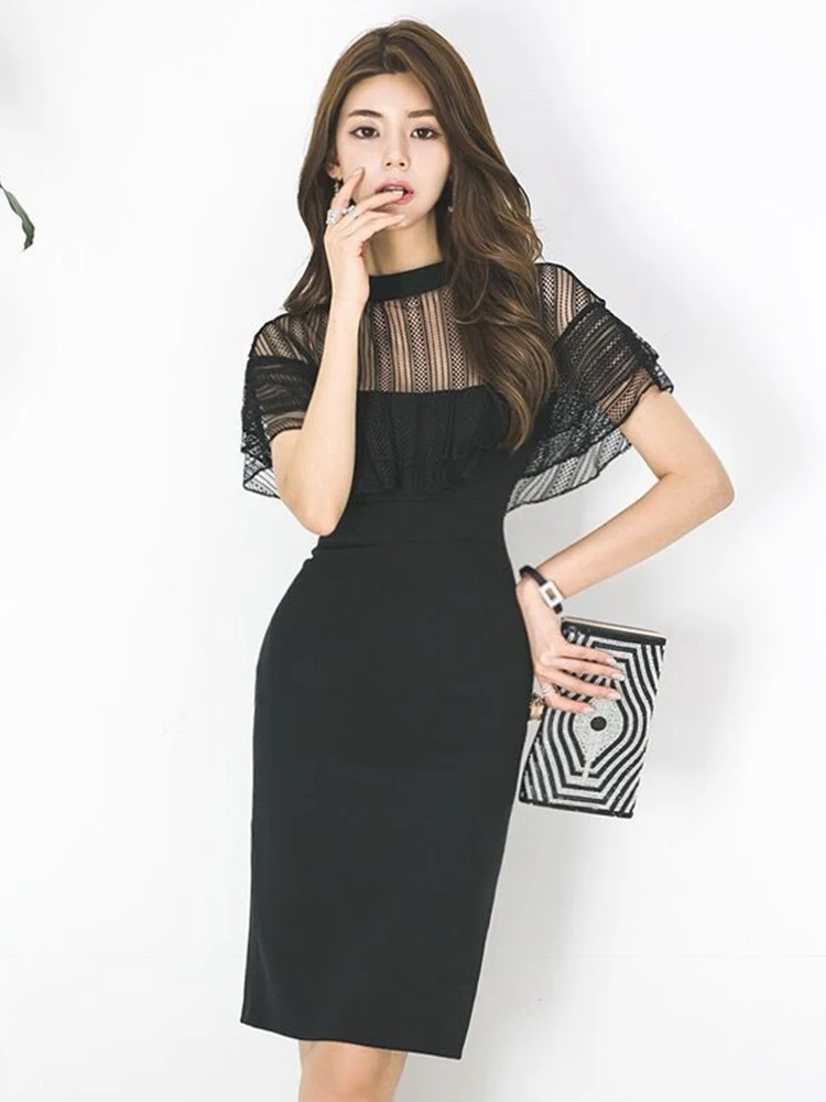 

Summer Formal Occasion Dresses For Women Elegant Chic Fake 2 Pieces Sexy Lace Sheer Slim Midi Party Gown Mujer Vestidos Fiesta