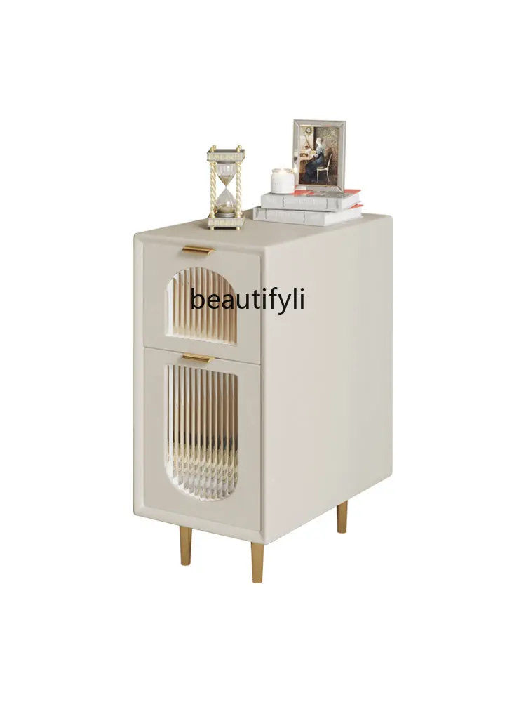 

zq French Entry Lux Bedside Table Small Ultra Narrow 30cm Wide Glass Leather Narrow Gap Bedside Cabinet