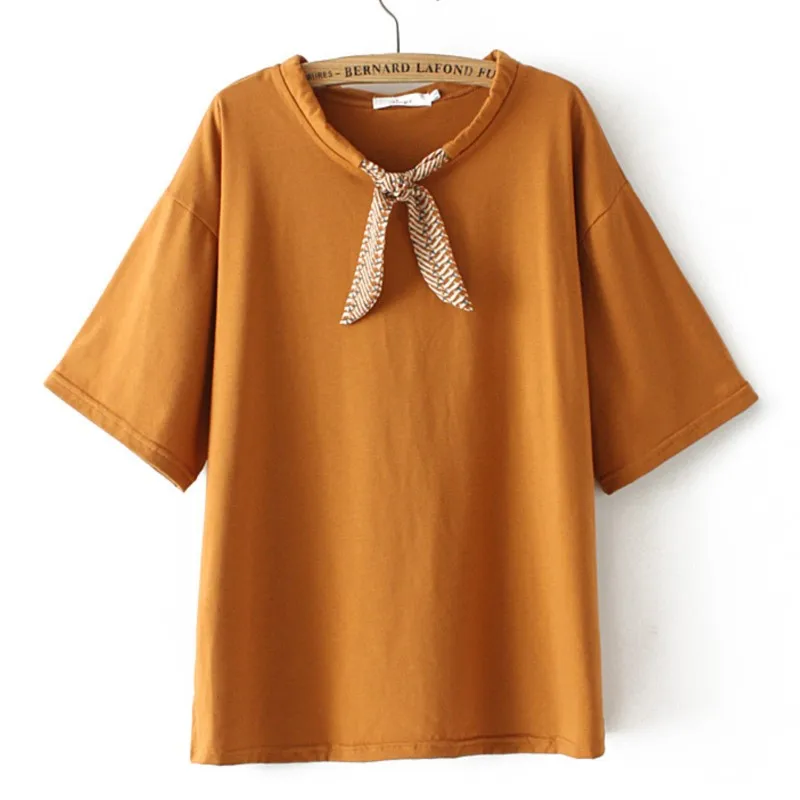 

Plus Size Women T-Shirt 2023 Summer Short Sleeve Cotton Ribbon Tie Tops Loose Tees Oversized Curve Clothes F72-7035