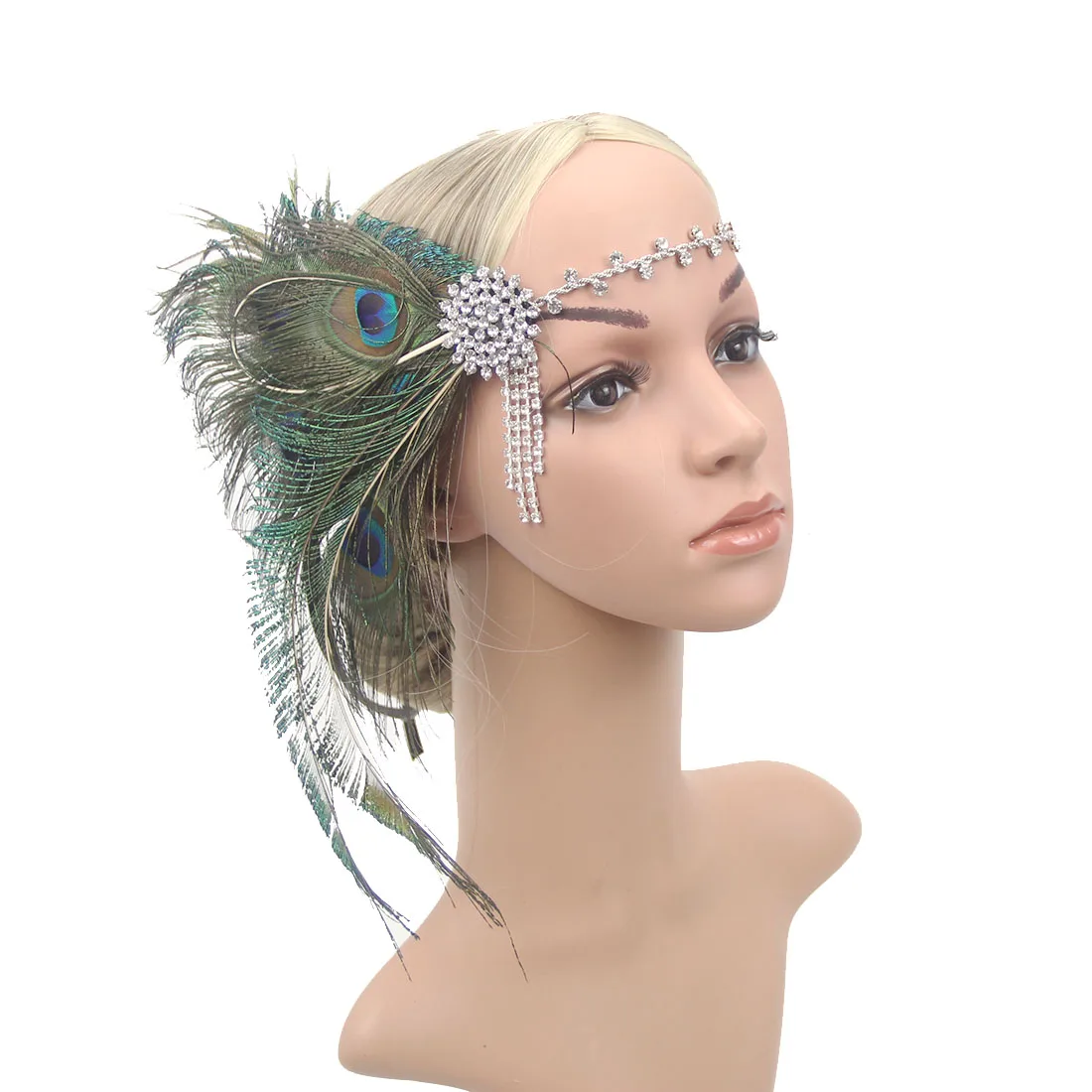 

1920s Flapper Gatsby Peacock Feather Headband, 20s Beaded Showgirl Headpiece, Feather Elastic Hair Band