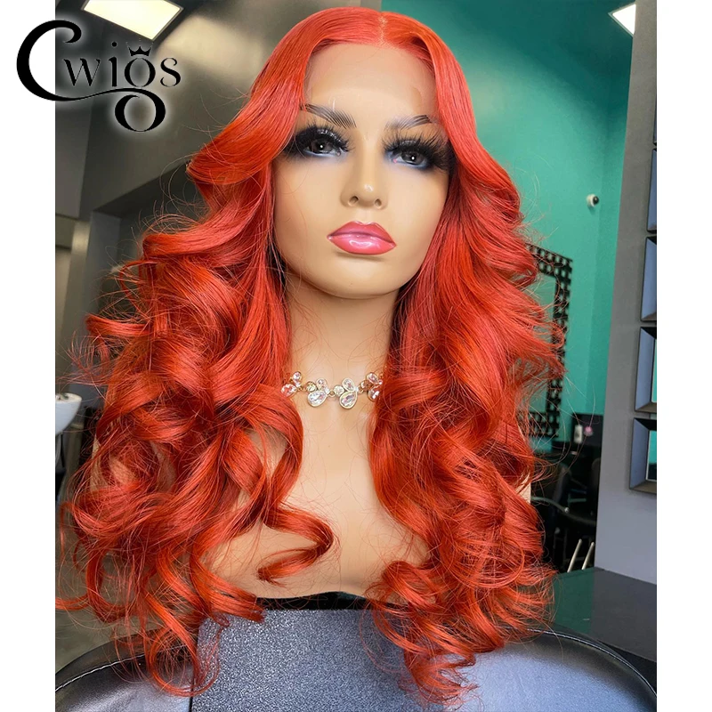 

Body Wave Orange Red Colored Synthetic Glueless Transparent 13X4 Lace Front Wigs for Black Women Drag Queen Cosplay Party