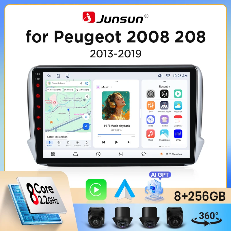 Radio para coche Junsun con CarPlay inalámbrico y Android Auto para Peugeot 208 / 2008 Mk1 2012-2019, ventilador de refrigeración integrado, navegación GPS Android, reproductor multimedia, WiFi, DSP, RDS, BT, SWC, pantalla táctil IPS, autorradio, reproductor de vídeo, unidad principal estéreo. 1