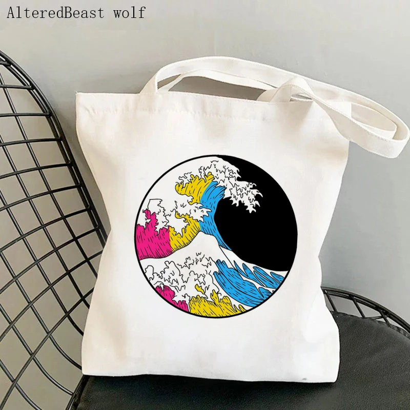 Women Shopper bag non binary pride wave Kawaii Bag Harajuku Shopping Canvas Shopper Bag girl handbag Tote Shoulder Lady Bag