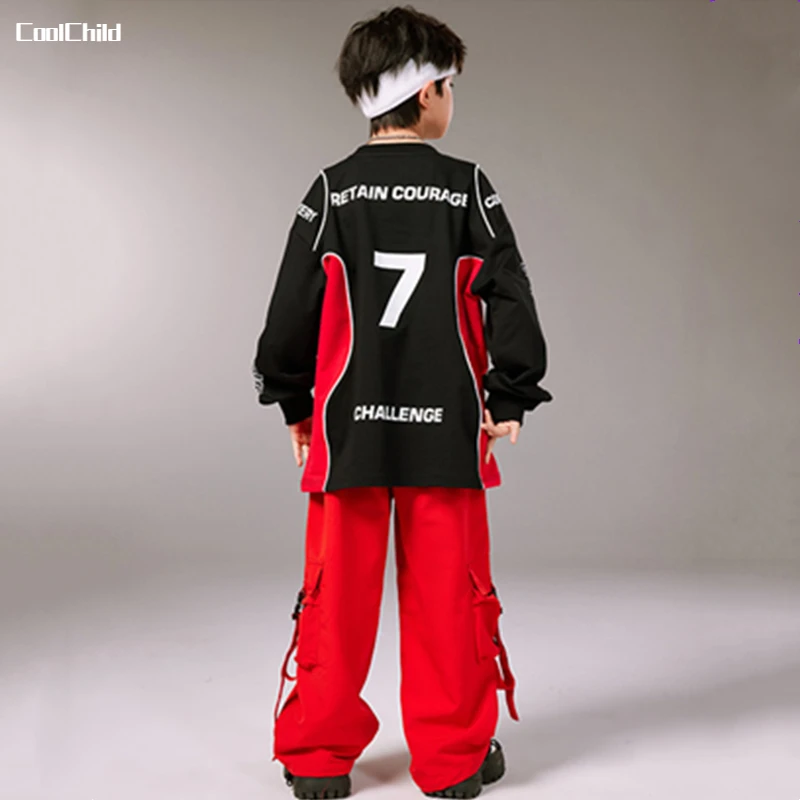 Girls Hip Hop Contrast Crop Top Red Cargo Pants Clothes Sets Boys Street Dance Sweatshirt Kids Jazz Costumes Children Streetwear