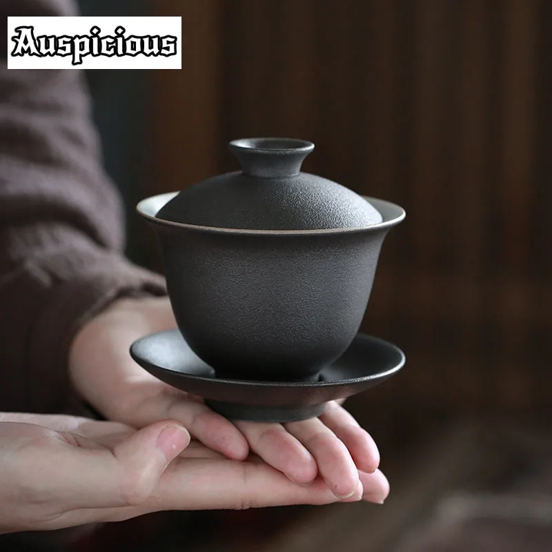 150ml Retro Black Pottery Sancai Gaiwan Ceramic Tea Cup Tea Tureen Household Kung Fu Set Ceremony Drinkware Customized