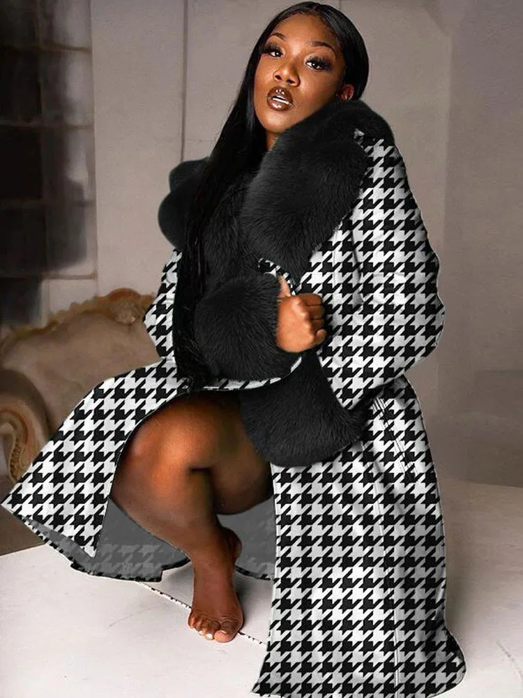 

Houndstooth Print Plush Coats And Jackets Night Club Outfits Women Cardigan Tops With Pockets Party Evening Sexy Clubwear Coat