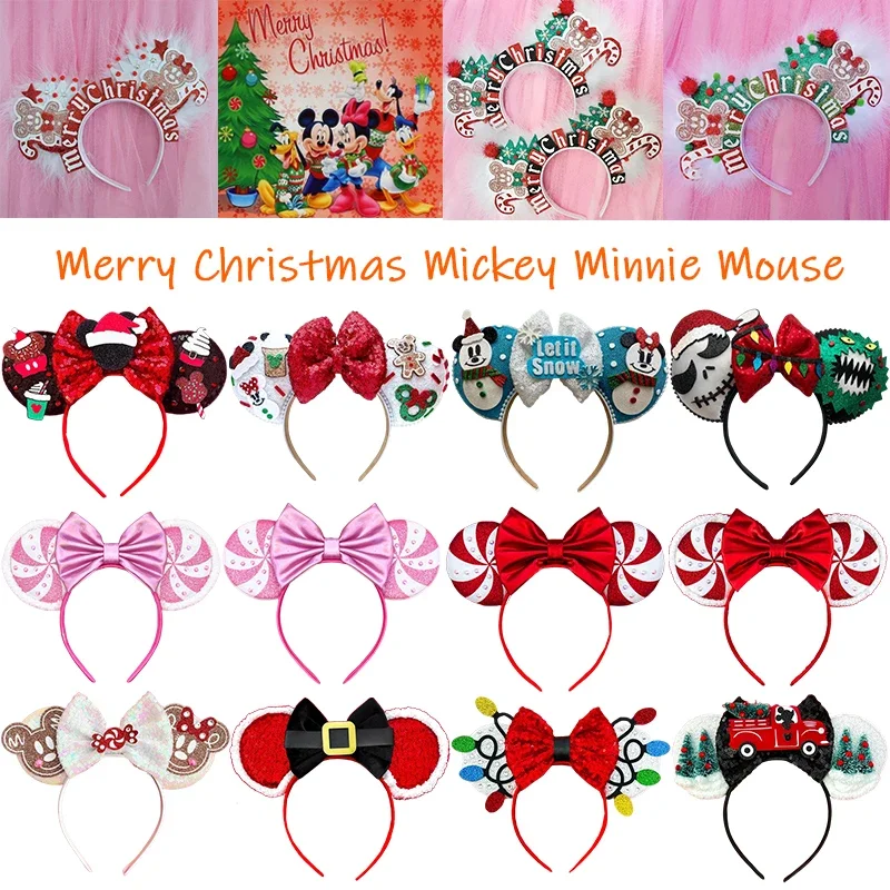 Disney Merry Christmas Head Band Girl Minnie Mickey Mouse Ears Hair Accessories For Women Candy Cane Hairband Kids Xmas Headwear disney headbands