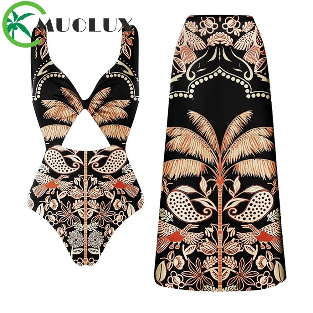 

MUOLUX 2023 Sexy V Neck Bikini Set Women High Waist Swimwear Dress Swimsuit Skirt Vintage Print Biquini Brazilian Bathing Suit