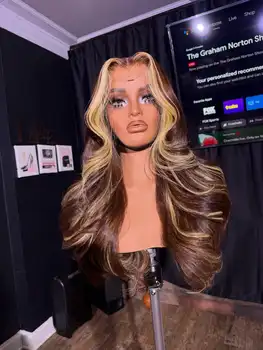 30 Inch Ombre Honey Blonde 13x4 Highlight Body Wave Lace Front Wig Human Hair Pre Plucked With Baby Hair 4/27 200% Density Color 1