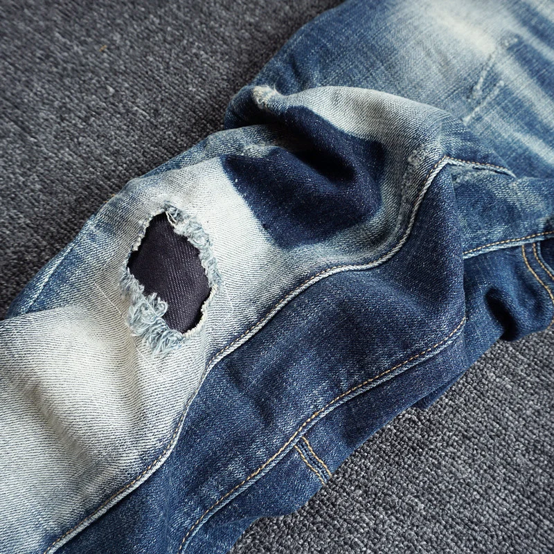 Streetwear Fashion Men Jeans Camouflage Pocket Designer Retro Blue Stretch Slim Ripped Jeans Men Spliced Hip Hop Pants Hombre