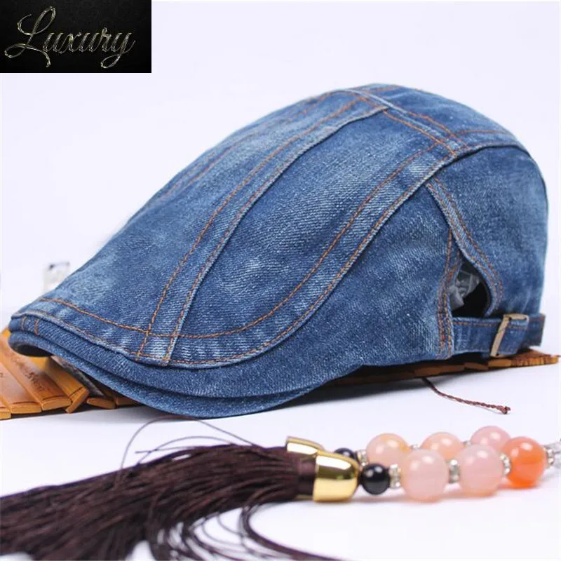 

2023 New Fashion Gatsby Newsboy Jeans Cap Men Denim Hat Golf Driving Flat Cabbie Unisex Men's Berets Duckbill Male