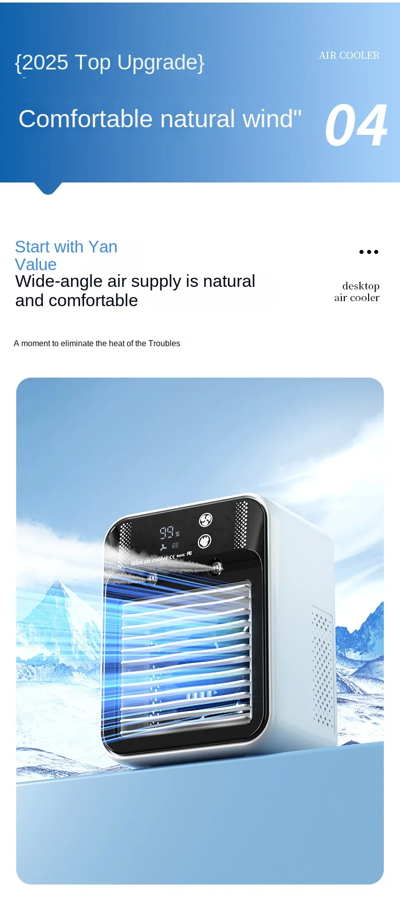 Description Picture 5 of itemNew Desktop Diffuser Fan Water Tank Air Cooler Portable Personal Cooling Device 3000mAh Humidifier Fan Low Voltage Operation Fan