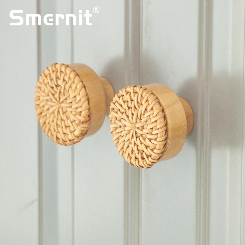 Handmade Wooden Rattan Round Furniture Knobs for Dressers and Cabinets