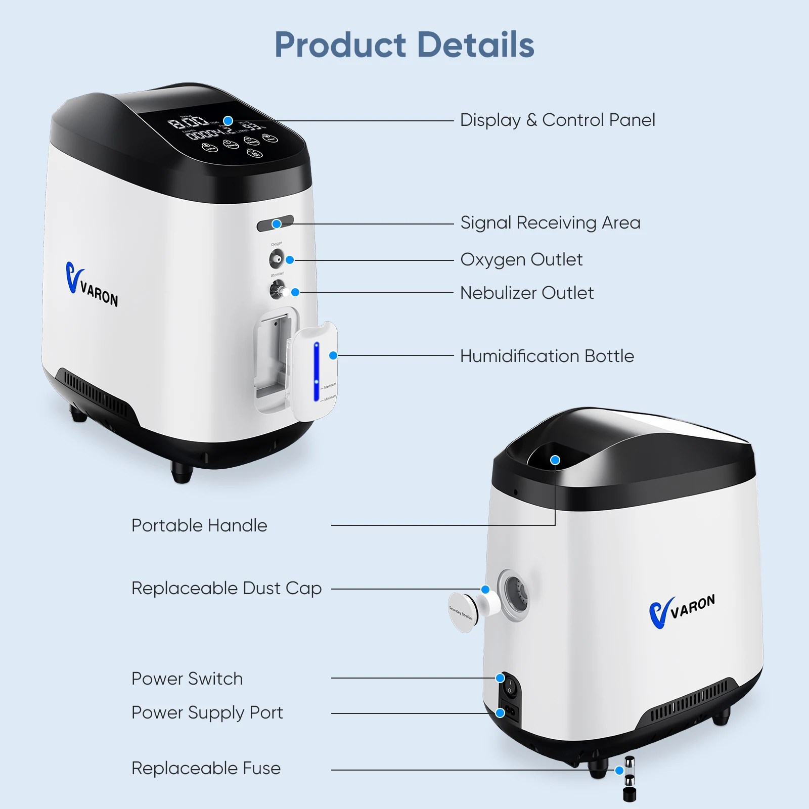 Varon Upgraded 1-8 L/min Adjustable continuous Oxygen Concentrator Nebulizer Portable Home Use 105W Pro