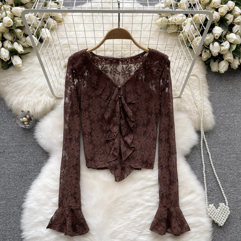 

Ladies Autumn Flared Sleeve Lace Shirt Top Season Ruffle V-Neck Shirt