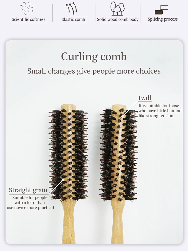 Description Picture 3 of itemNatural Soft Bristle Hair Straight Twill Round Brush Curly Hair Styling Roller Comb Hairdressing Anti Static Hair Styling Tools