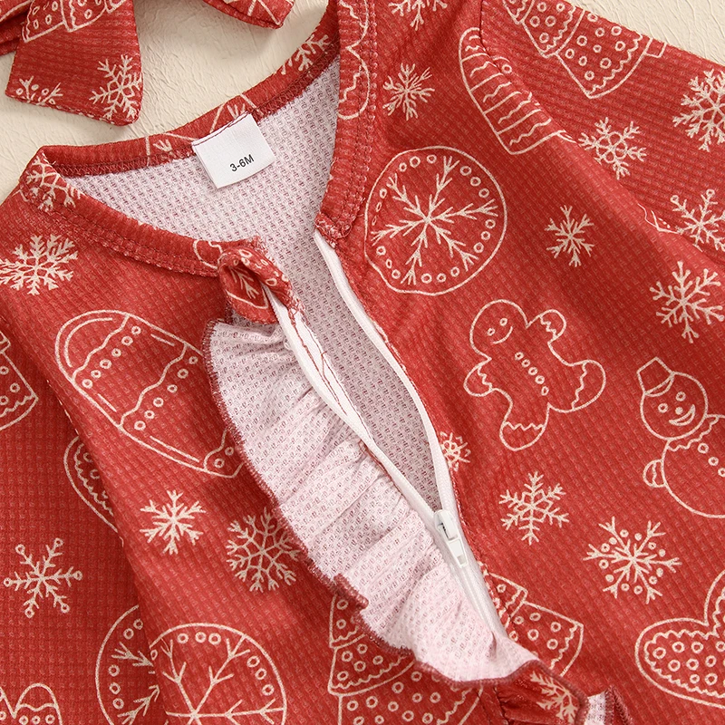 Baby Girls Christmas Jumpsuit Long Sleeve Gingerbread Man Snowman Candy Cane Print Romper with Headband