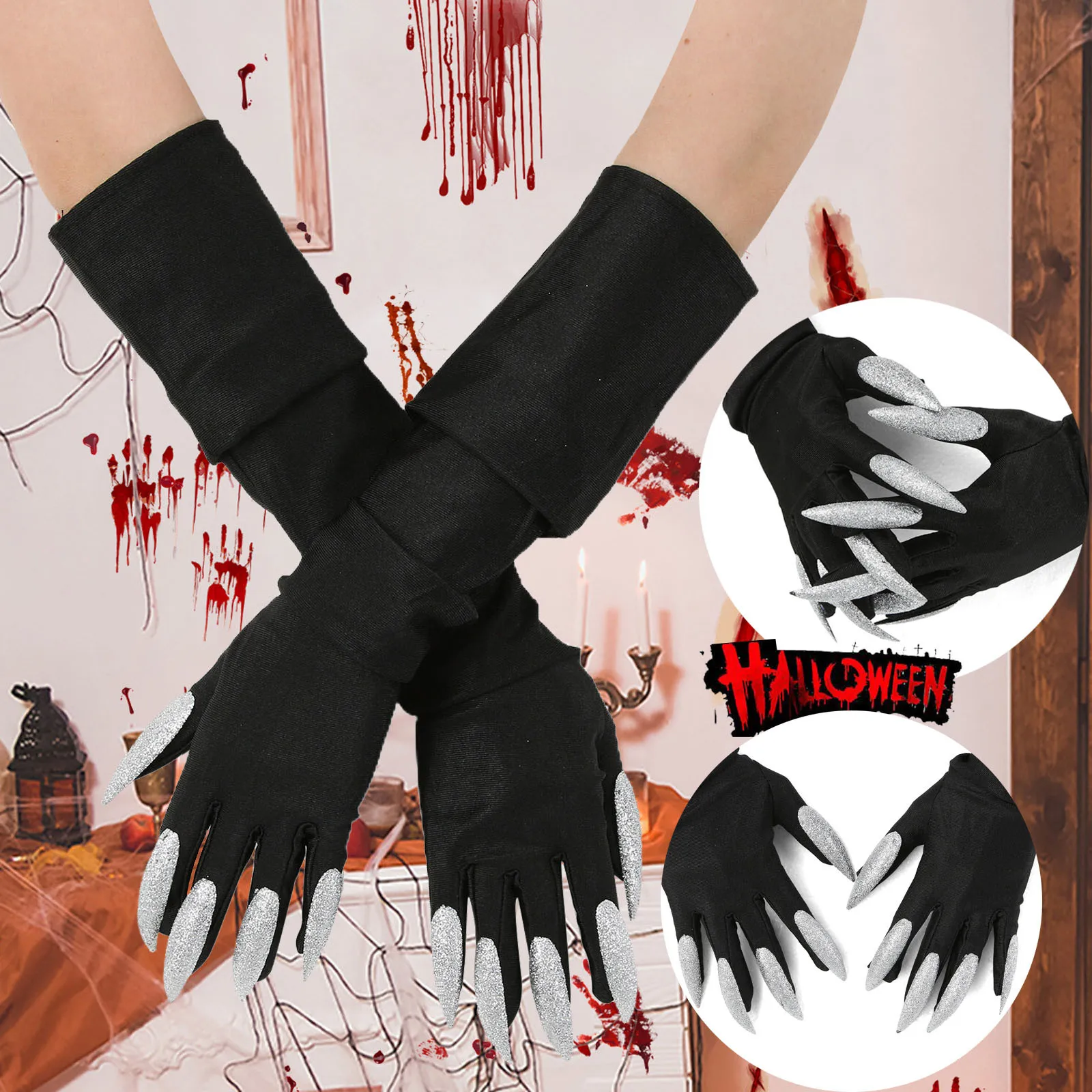 

Halloween Gloves For Women Gothic Black Mitten With Long Nails Ladies Funny Glove Festival Cosplay Halloween Accessories Gloves