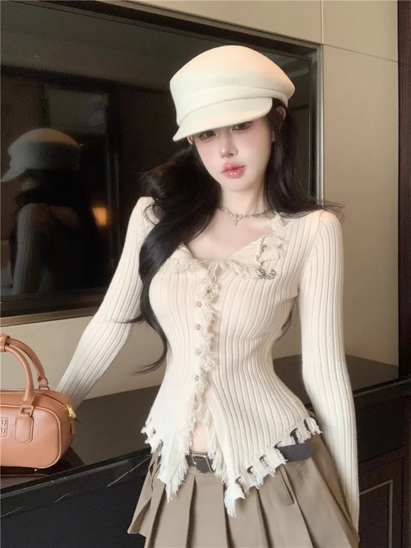 여성 양모 니트 점퍼, 순수 욕망 태슬 브이넥 가디건, 슬림 긴팔 점퍼, 가을 겨울 보터밍 시