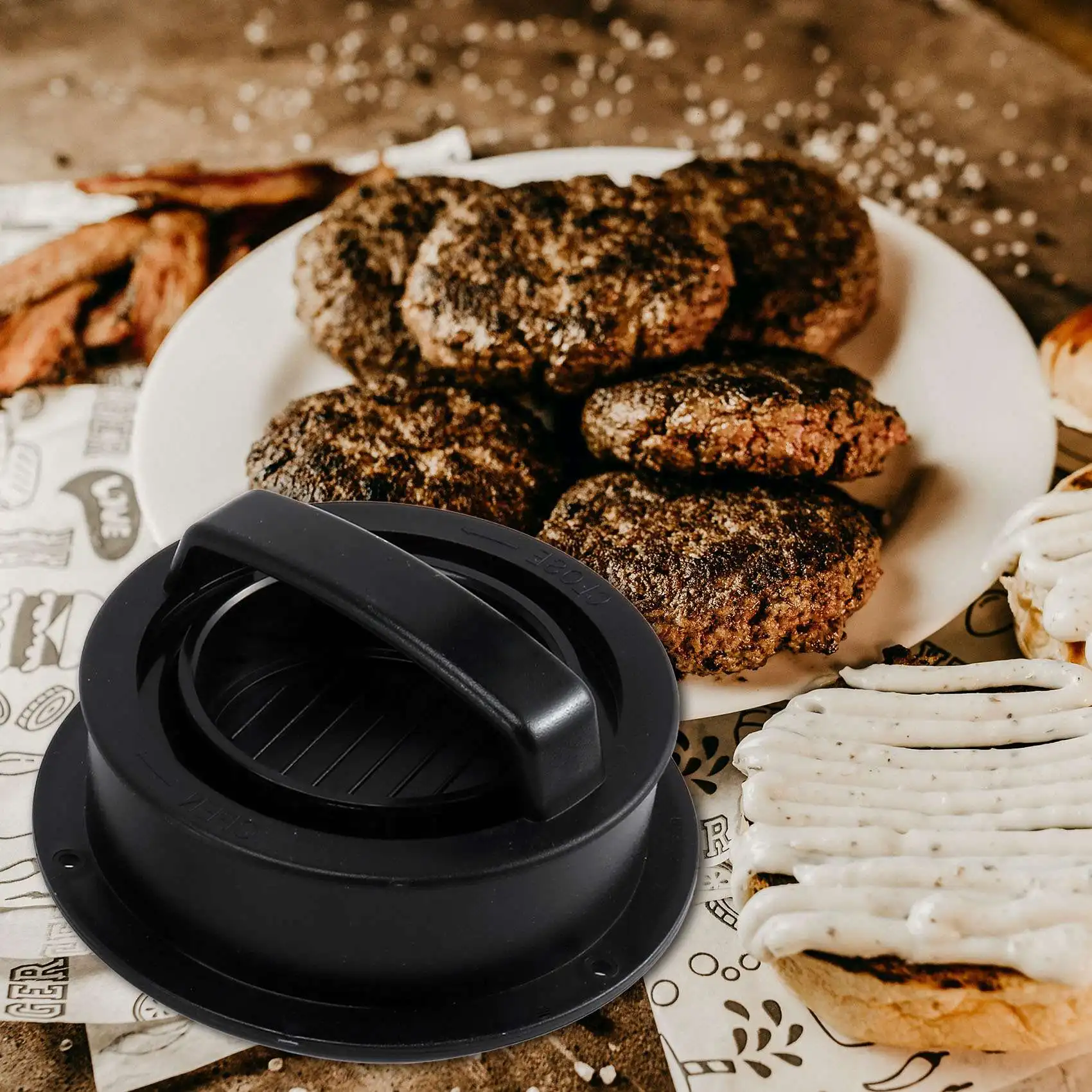 3 in 1 Burger Press Patty Stuffed Burger Maker with 120Pcs Paper Non Stick Sliders Beef Press-Black