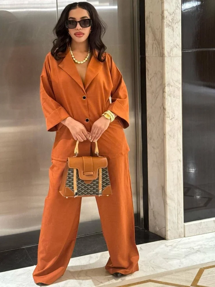 Wmstar Two Piece Set Women Wholesale Lapel Loose Single Breasted Shirt High Waisted Straight Leg Pants Casual Elegant Suit