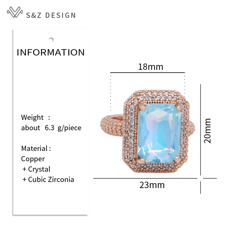 S&Z DESIGN New Fashion Adjustable Rectangle Crystal Rings For Women Wedding Luxury Micro Cubic Zirconia Jewelry Fine Gift