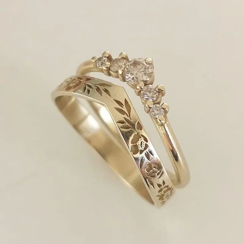 Wedding Rings for Women Vintage V-shaped Hand Carved Flowers Ring Bridal Sets