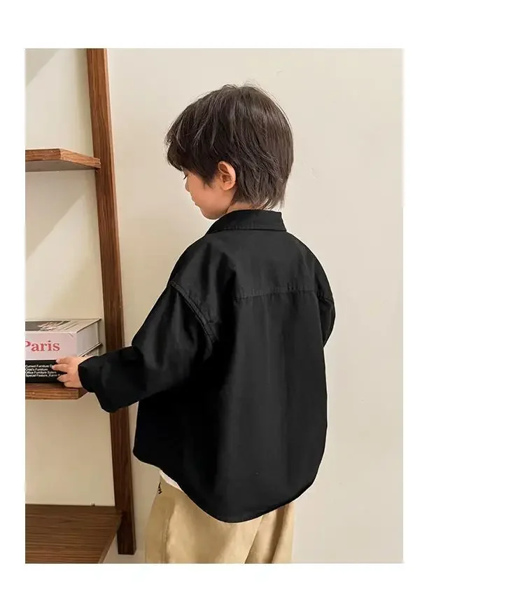 Spring Autumn Childrens Outerwear Teen Boys Shirt Solid Cotton Pocket Baby Boys Coat Single Breasted Kids Tops 3-12Y