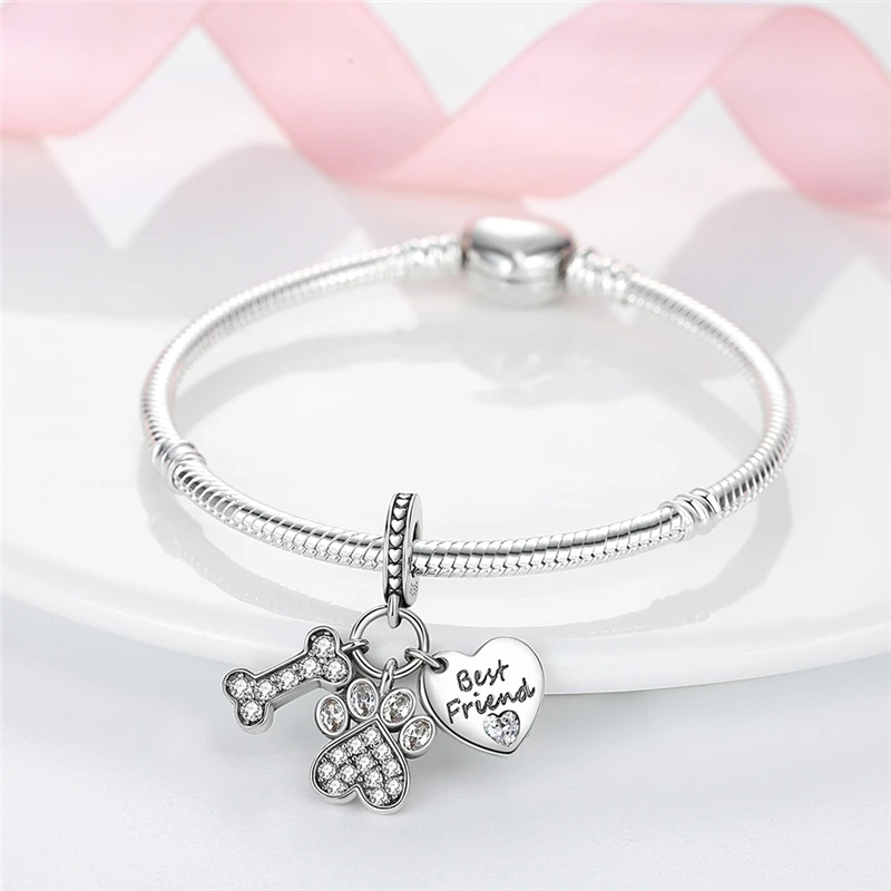 S925 Silver Plated Cute Claw Bone Love Beads Charms Pendants for Original Bracelets DIY Jewelry Gifts silver charms