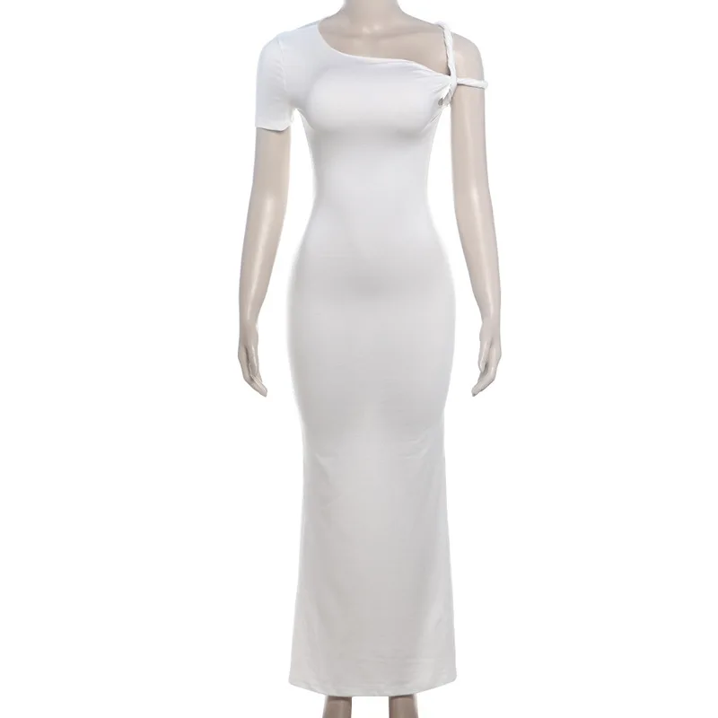 Vestidos sexis de verano para mujer, de color liso, irregulares, con cuello oblicuo, manga corta, ajustados, largos, para fiesta de noche Y2K.
