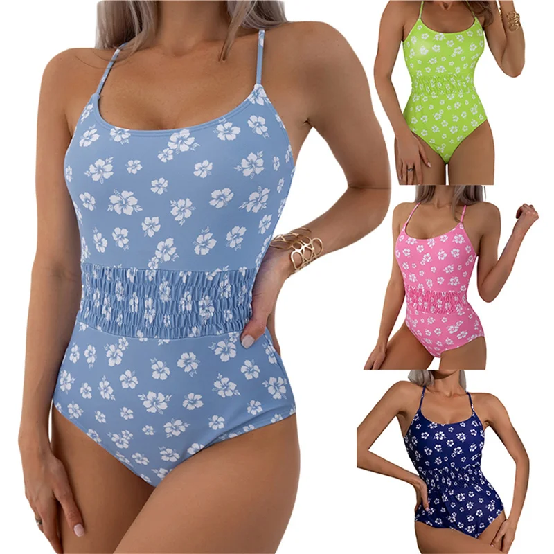 

Women's Summer Monokini Swimsuit, Sleeveless Backless Floral Print Shirred Bathing Suit
