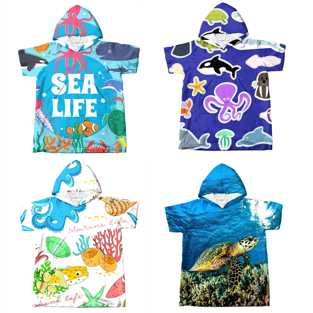 Customizable Adult Kid Undersea Animal Microfiber Quick-drying Hooded Beach Towel Surf Poncho With Pocket Swim Bathrobe Gift