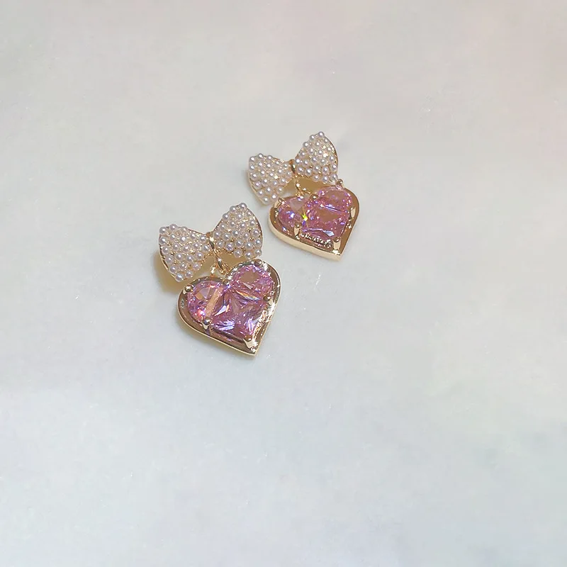 

European and American Women's Cute Pearl Zircon Bow Love Heart Earrings Electroplated Earrings