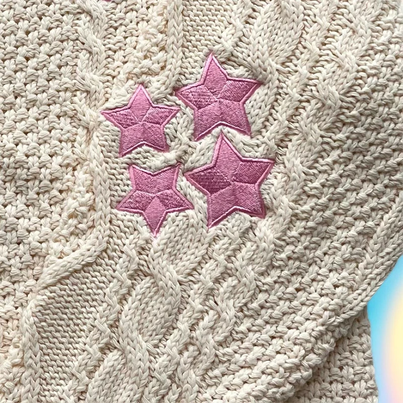Autumn Winter Warm Pink Lover Sweater Women Cute Loose Long Sleeved V-neck Star Embroidery Knitted Cardigans 3