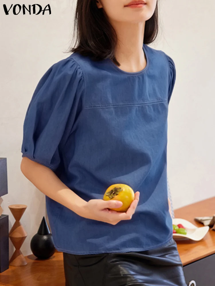 

Lady Office Blouse Women Elegant Shirts 2023 VONDA Summer Tops Fashion Casual Puff Sleeve Blouse Sexy Solid Color O Neck Fashion