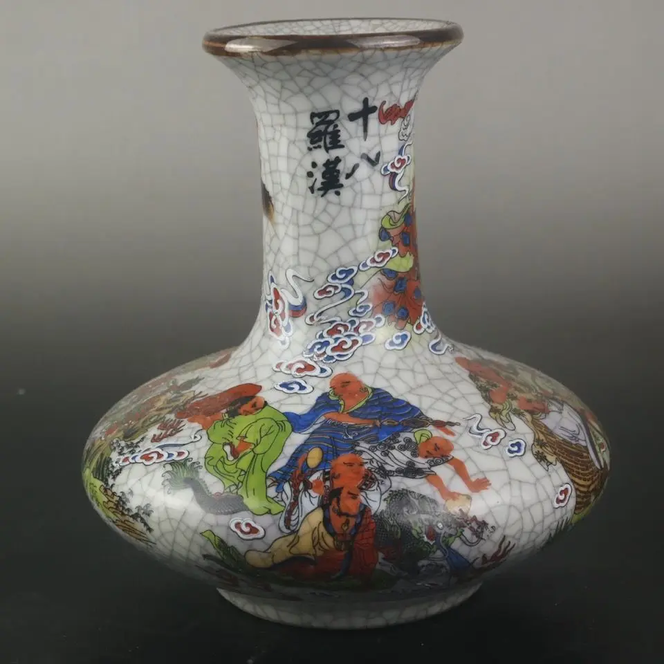 Qianlong Qing Dynasty Pastel 18 Buddhist Saints Flat Vase Home Living Room Antiques Chinese Style Household Decor Ornament ZC806 6