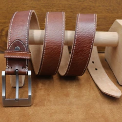 Men's Authentic Cowhide Leather Belt with Distinctive Metal Buckle and Unique Texture - 125cm (TC05-Khaki)